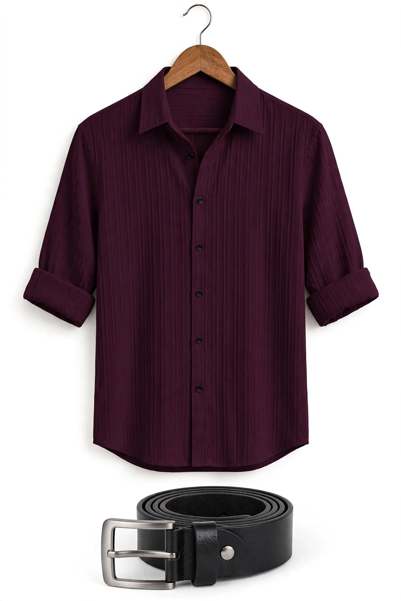 Men’s Premium Formal Combo – Wine Pleated Textured Shirt + Classic Black Genuine Leather Belt